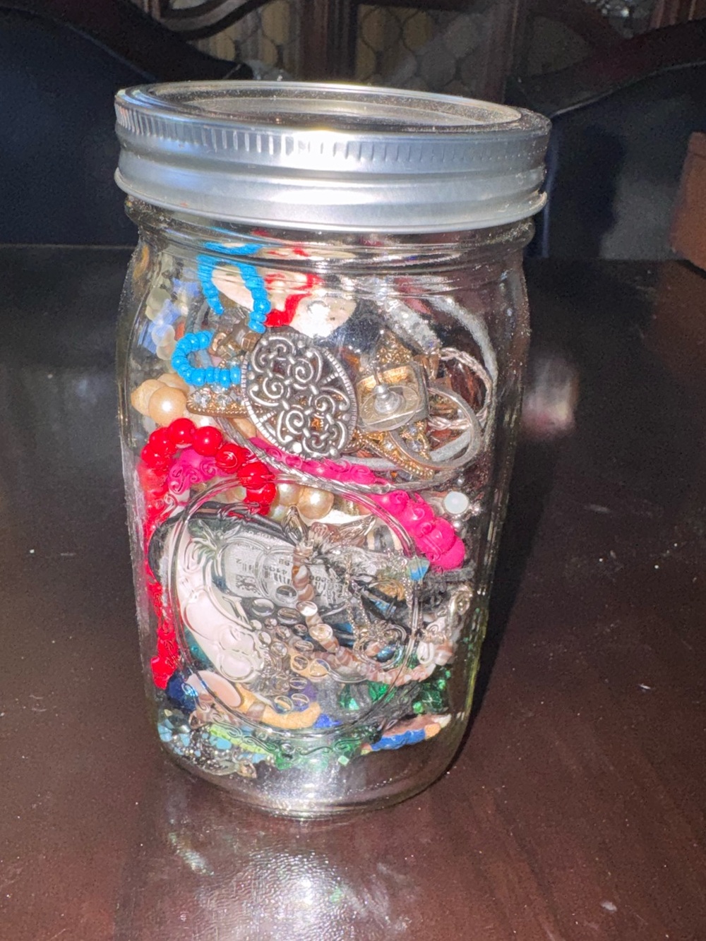 Clear Glass Mason jewelry Jar with Silver Lid - Multicolor Accents